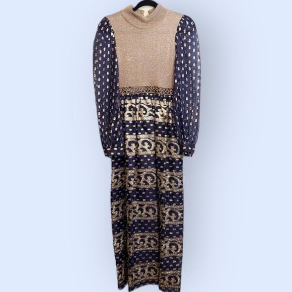 Vintage 1980s Act 2 Blue Gold Mesh Metallic Dress Size 8 Dress - Picture 13 of 14